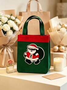 1pc Red & Green Christmas Patchwork Tote Bag, Vintage Style Rectangular Handbag, Suitable For Christmas Holiday Gift Packaging; Also Includes Bathroom Shower Curtain And Phone Holder - Multicolor - View 13