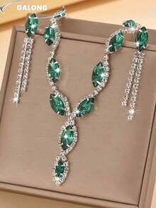 Luxury Marquise Rhinestone Tassel Jewelry Set For Women, V-Shaped Necklace + Long Tassel Earrings, Full Rhinestone Trim Light Luxury Evening Jewelry - Green and White - View 3