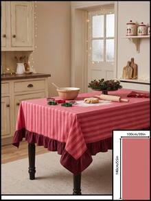 1pc Red And White Thin Striped With Burgundy Ruffle Edge Tablecloth, Christmas Baking Style Fabric Material, Rectangular Burgundy Ruffle Edge Patchwork Detail, Stain-Resistant Protection And Decorative Function For Home Long Table, Suitable For Christmas Baking Decor And Holiday Kitchen Scenes - Red - View 16