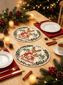 1/2/4pcs Christmas Placemats, Reindeer And Berry Elements, Round Design, Linen Material, Suitable For Christmas Decoration, Family Gatherings, Parties, Table Decor, Holiday Decor, Indoor Decor. - Multiple Styles - View 7