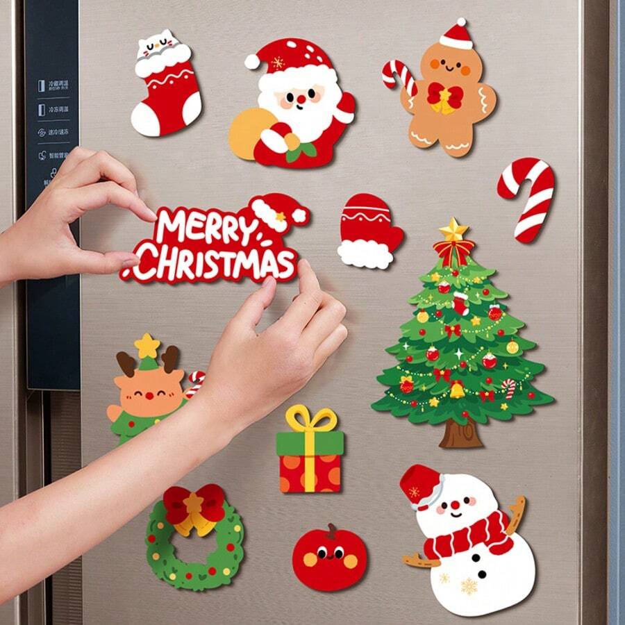 12pcs Christmas Decoration Fridge Magnets, Magnetic Fridge Stickers With Christmas Tree, Santa Claus, Snowman Patterns, Creative Small Gifts For Fridge, Door And Other Magnetic Surfaces - View 1