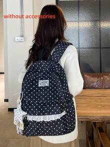 Polka Dot Lace Decor Daypack + Multi Pocket & Lightweight + School Daily Commute + White Black Dots Adjustable Strap Casual Backpack - Multicolor - View 3