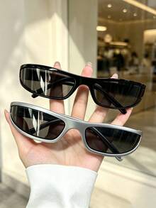 1 Pair Unisex Fashion Glasses, Black & Silver Frame, Suitable For Halloween, Gaming, Office, Study, Screen Time And Daily Wear - Black Frame Grey Lens + Silver Frame Grey Lens - View 2