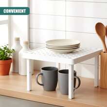 Geezy Stackable Square Shelf Insert - Small Kitchen Cupboard Organiser & Pantry Cabinet Counter Storage Rack - White Space Saving Plastic Stand For Mugs, Plates, & Bowls - View 5