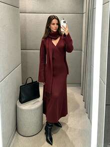 NOVELLE Women's Elegant Wine Red V-Neck Bodycon Knit Dress, Cinched Waist With Fringe Scarf, For Autumn & Winter, Outings, Commute & Dates - Burgundy - View 1