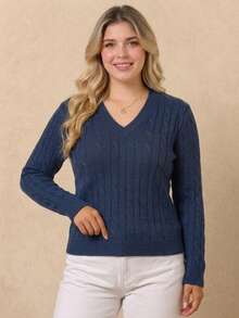 Women's Plus Size Cable Knit Sweater, Long Sleeve V-Neck Pullover, Classic Autumn/Winter Knit Top, Preppy Style - Blue - View 5