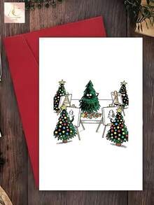 Funny Christmas Greeting Card, Cute Cartoon Christmas Tree Painting Class Graphic, Humorous Festive Card For Artist Friends, Whimsical Xmas Holiday Card, Unique Seasonal Art Themed Card For Family And Art Lovers - One Size Fits All - View 1