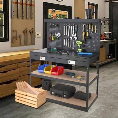 WARMTOBABY Work Bench 48 Inch Work Table Metal Tool Bench With 2 Drawers Power Outlets Pegboard 3 Tier Storage Black