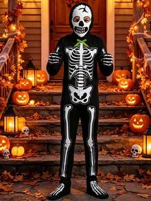 4pcs Boys' Glow-In-The-Dark Horror Bowknot, Skeleton Jumpsuit Costume For Halloween Cosplay Party Performance - Multicolor - View 6