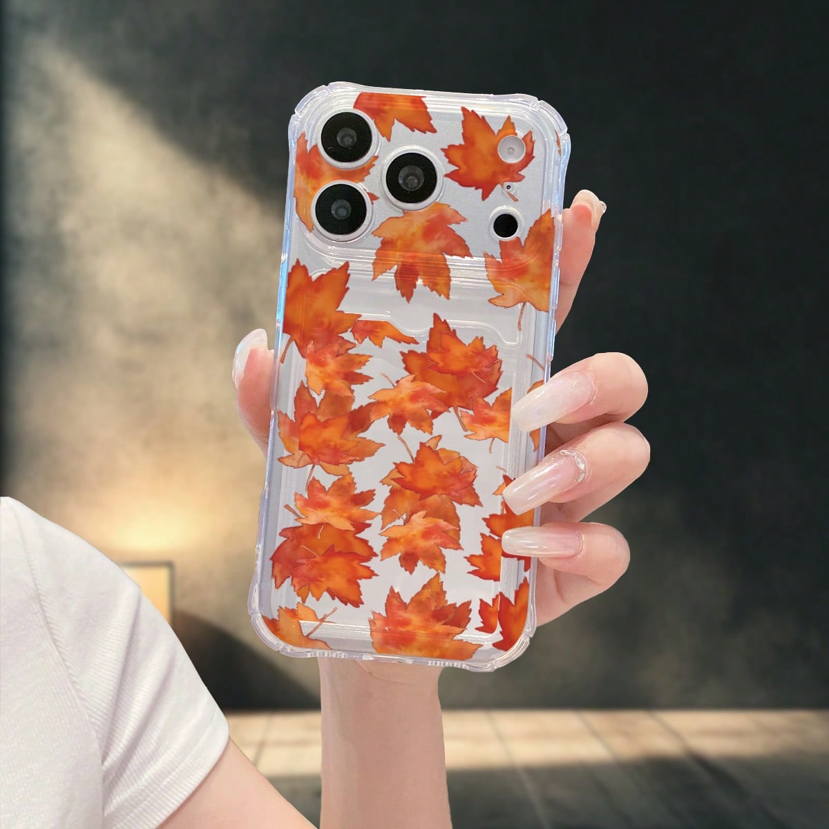 Compatible With IPhone 18/17/16/15/14/13/12 Pro Max/ S26 Ultra/S25 Ultra/S24 Ultra/S23 Ultra/A55/A54/, 1pc Fashion Autumn Full Screen Maple Leaf Pattern Transparent Four-Corner Anti-Drop Integrated Wallet Phone Case, TPU Material Card Holder Soft Shell, S