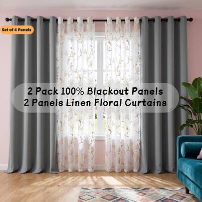2 Panels Solid Curtains + 2 Panels Linen Floral Blackout Curtains With Thermal Insulated Liner, Grommet Top Design For Living Room Bedroom Kitchen Bathroom, Home Room Decor, Holiday Party, All‑Season Minimalist Style