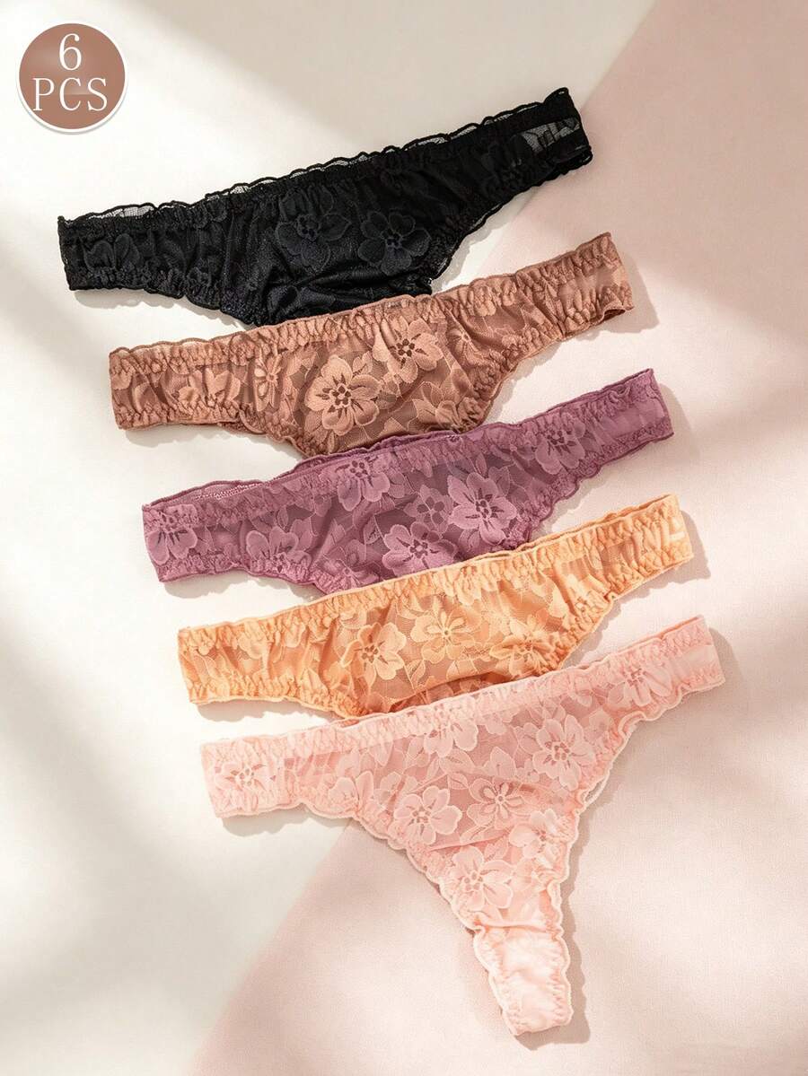 5pcs/Pack Women's Sexy Lace Frill Trim Thong Panties - Multicolor - View 1