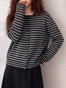 Women's Autumn/Winter Fashion Striped Knit Cardigan, Long Sleeve Round Neck Button Front Sweater, Daily Fashion Outfit - Grey-black - View 1