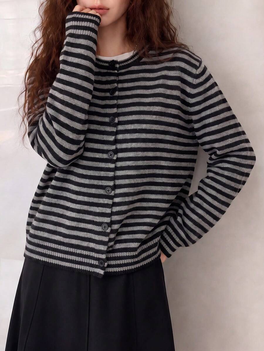Women's Autumn/Winter Fashion Striped Knit Cardigan, Long Sleeve Round Neck Button Front Sweater, Daily Fashion Outfit - Grey-black - View 1