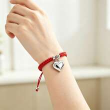 1Pc Multicolor Handmade Braided String Bracelet Silver Big Heart Pendant Rope Bangle For Women Couple Cute Casual Jewelry Gift - Large Silver Heart - View 5