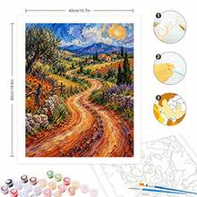 1 Set Professional Adult Digital Oil Painting Kit, DIY Coloring, Tuscan Pastoral Landscape With Winding Dirt Road, 40x50cm/15.7x19.6in, Frameless Design, Easy To Learn, Suitable For Beginners, Art Students, Enthusiasts, Home Decor, Family Activities, Relaxing Creative Gift, Holiday Gift, 2D Flat Set Includes Paints, Canvas, Brushes - 40*50cm Unframed - View 3