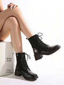Women's New Autumn/Winter Ankle Boots, Wedge Heel High Heels, Lace-Up British Style Boots - Black - View 8