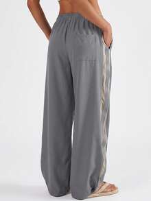 KyrLssu Side Stripe Star Embroidered Wide Leg Sweatpants, Elastic Drawstring High Waist Athletic Pants - Light Grey - View 6