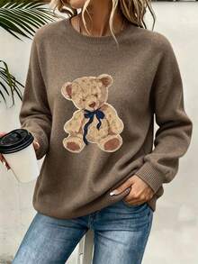Plus Size Women's Cute Bow Teddy Bear Print Loose Long Sleeve Pullover Sweater - Earth Gray - View 5