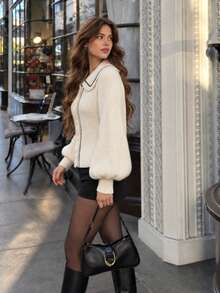 Elegant Preppy Style Women's French Vintage Colorblock Trim Sweet Peter Pan Collar Front Button Long Sleeve Knit Cardigan Sweater Autumn - Apricot - View 3