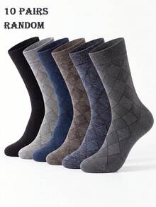 5/10 Pairs Random Assortment Men's Minimalist Business Diamond Pattern Mid-Calf Socks, Soft Breathable Comfortable Vintage Gentleman Socks Suitable For Office Daily Wear And Gift - Multicolor - View 8