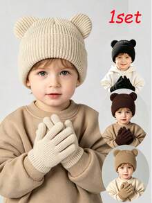 1 Set Unisex Toddler/Baby Knitted Hat + Gloves, Versatile Bear Design Cartoon Hat & Warm Gloves 2 Pieces Set - Set - View 1