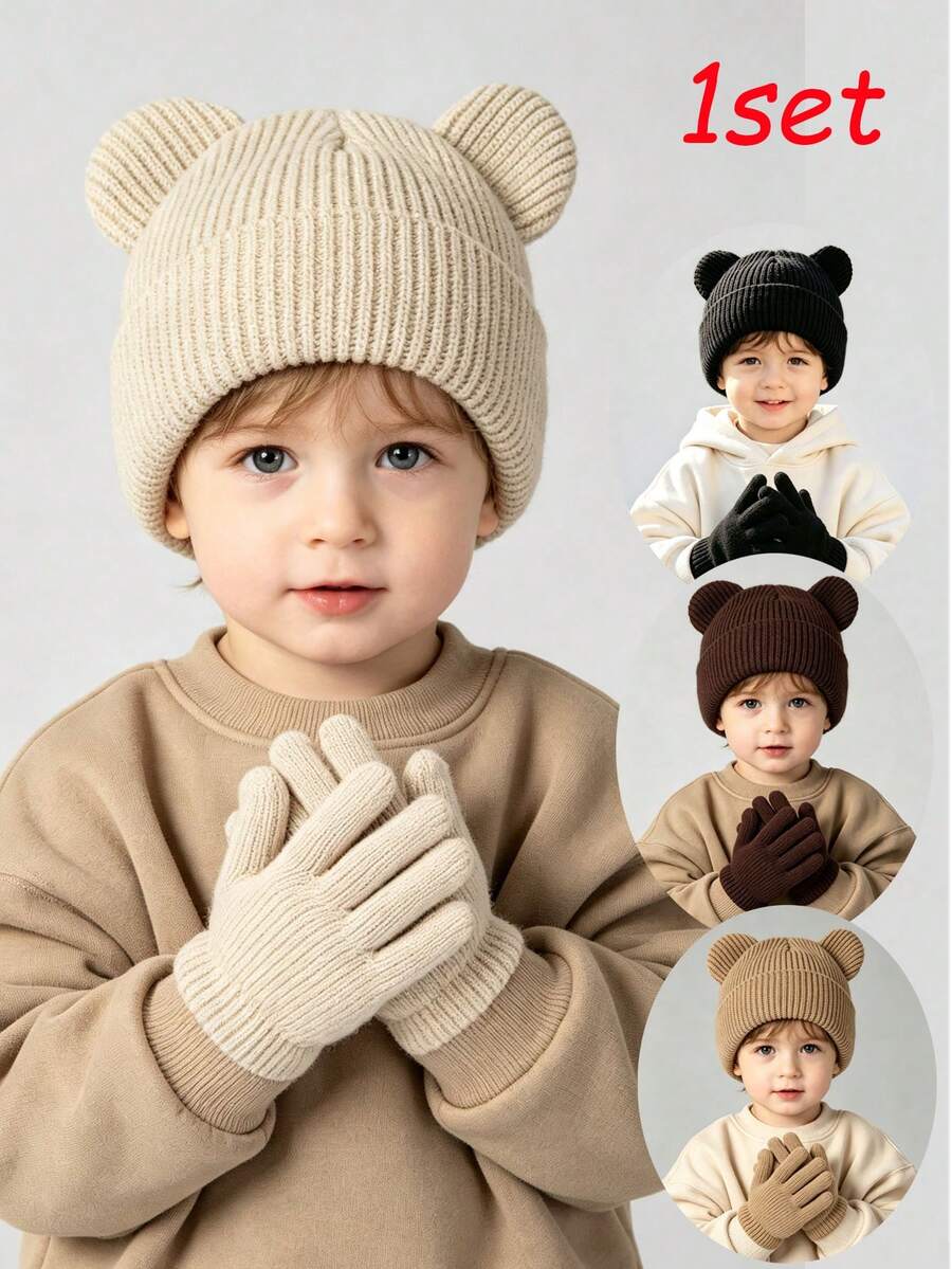 1 Set Unisex Toddler/Baby Knitted Hat + Gloves, Versatile Bear Design Cartoon Hat & Warm Gloves 2 Pieces Set - Set - View 1