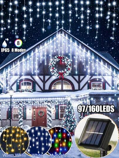 Lumini solare pentru perdele de exterior, 5,5M/9M, impermeabile, tip icicle, 97/160 LED, potrivite pentru Crăciun, grădini, nunți, scări, case, dormitoare, pavilioane, balcoane, decorațiuni de petrecere, cea mai bună decorațiune de sărbători