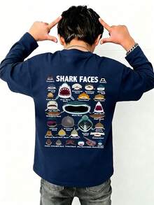 Tween Boy Casual Fun Print Crew Neck Pullover Long Sleeve T-Shirt, Autumn/Winter Top - Navy Blue - View 2