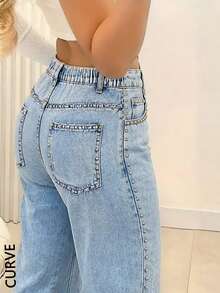 Women's Plus Size Loose Wide Leg Straight Rivet Denim Jeans, Back Elastic Waist Design, Fashionable Autumn/Winter Plus Size Long Pants - Light Wash - View 1