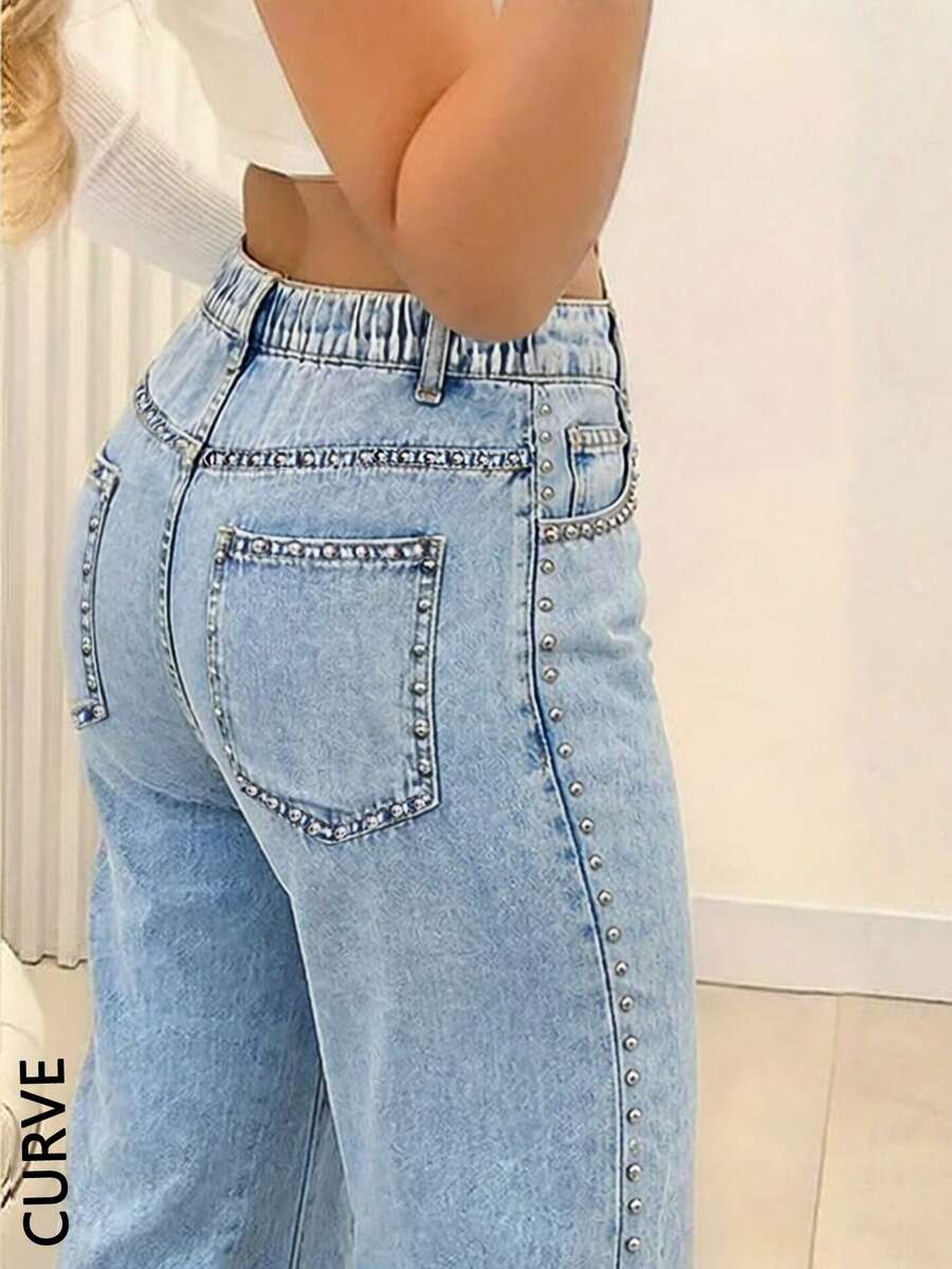 Women's Plus Size Loose Wide Leg Straight Rivet Denim Jeans, Back Elastic Waist Design, Fashionable Autumn/Winter Plus Size Long Pants - Light Wash - View 1