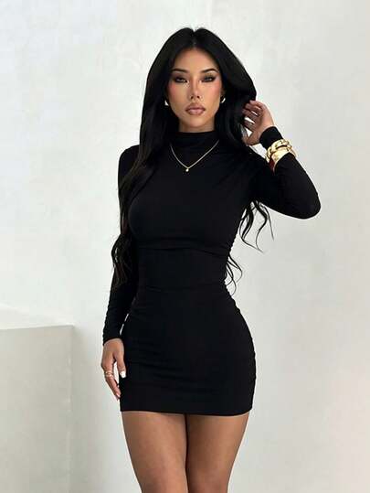 Autumn/Winter Solid Color High Neck Long Sleeve Slimming Bodycon Mini Dress