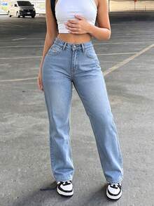 Solid Color Washed Casual Denim Long Pants Women's All Season New Arrival Minimalist Daily - Medium Wash - View 2