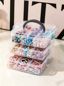 1pc Multi-Layer Divided Transparent Plastic Storage Box With Handle, Thickened Transparent Material, Multi-Compartment Classification Storage, Flip Lid With Snap Seal Dust-Proof, Stackable Space-Saving Design, Portable Handle For Easy Movement, Suitable For Storing Hair Ties, Hair Clips, Jewelry, Cosmetics, Handmade Beads Accessories, Ideal For Vanity, Desk, Bedroom Use, Multi-Functional Home Storage Box, Desktop Organizer, Beauty Accessories Classification Storage Box, Handmade Small Items Storage Box, Home Desktop Tidy Storage Solution - Clear - View 4