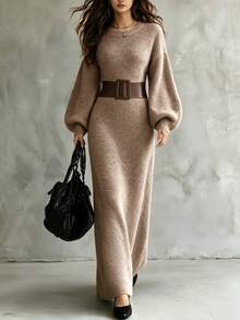 Women's Autumn/Winter Grey Brown Soft Ribbed Knit Crew Neck Lantern Sleeve Fitted Long Sweater Dress, Elegant Casual Daily Commute Layering Style - Maroon - View 5