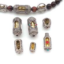 2pcs/Set Prayer Wheel Spacer Beads, Dual-Color Alloy Om Mani Mantra Hollow Barrel Beads With Inlaid Gemstones, For Prayer Beads Bracelet DIY Jewelry Making - Multicolor - View 2