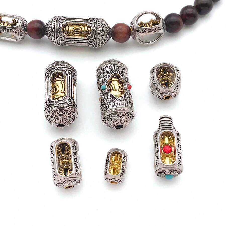 2pcs/Set Prayer Wheel Spacer Beads, Dual-Color Alloy Om Mani Mantra Hollow Barrel Beads With Inlaid Gemstones, For Prayer Beads Bracelet DIY Jewelry Making