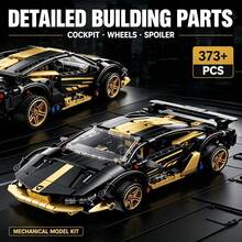 Black & Gold Supercar Building Model, 373+ Pieces Adult Collectible Brick Set, Low Chassis, Wheels & Spoiler, Perfect Gift For Collectors On Halloween, Christmas, Thanksgiving And Birthday - Black Bull Racing - View 2