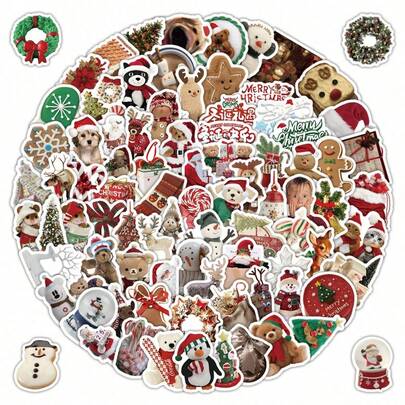somoving 100pcs Christmas Stickers For Fridge, Phone Case, Water Cup, Scene Decoration, PVC Waterproof Stickers, Suitable As Birthday Gift, Party Gift, Christmas Decoration