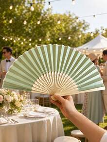 Light Green Folding Fan Gift Set With Mesh Bag And Thank You Card, DIY Handheld Bamboo Folding Fan, Wedding Favor Gift, Bride Dance Prop For Church Wedding Party - Multicolor - View 3