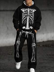 Setelan Pria Zrgoth: Hoodie Resleting Motif Tengkorak Penuh + Celana Jogging Lebar dengan Tali Serut, Gaya Gothic Hitam, Pakaian Kasual Jalanan Halloween 2 Potong - Hitam - View 3