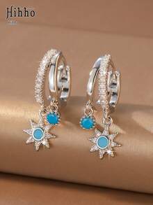 Hihho 2pcs/Set Elegant Atmosphere Gold & Silver Dual-Color Multi-Style Sunflower, Flower, Cross Pendant Rhinestone Hoop Earrings Set For Women, Daily Wear, Holiday Gift, Multi-Piercing Layering Accessory - Multicolor - View 6