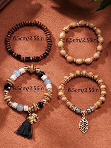 4 Pcs/Set Bohemian Style Leaf Elephant Pendant Wooden Bead Tassel Bracelet Set - Black - View 3