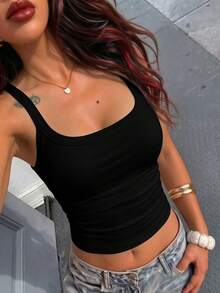 女款夏季極簡純色百搭圓領修身背心 - 黑色 - 查看 2