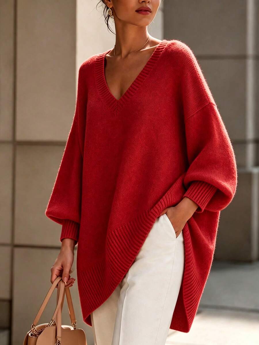 Early Autumn Slouchy V-Neck Long Knit Sweater Women Loose Drop Shoulder Long Sleeve Pullover Top, Soft Skin-Friendly Draping Slimming, Simple Versatile For Daily Commute