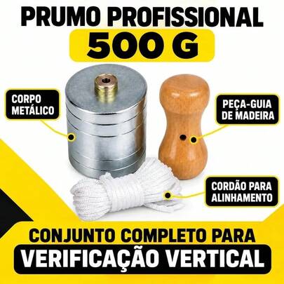 Prumo De Pedreiro Profissional 500g Corpo Metálico Polido Ferramenta