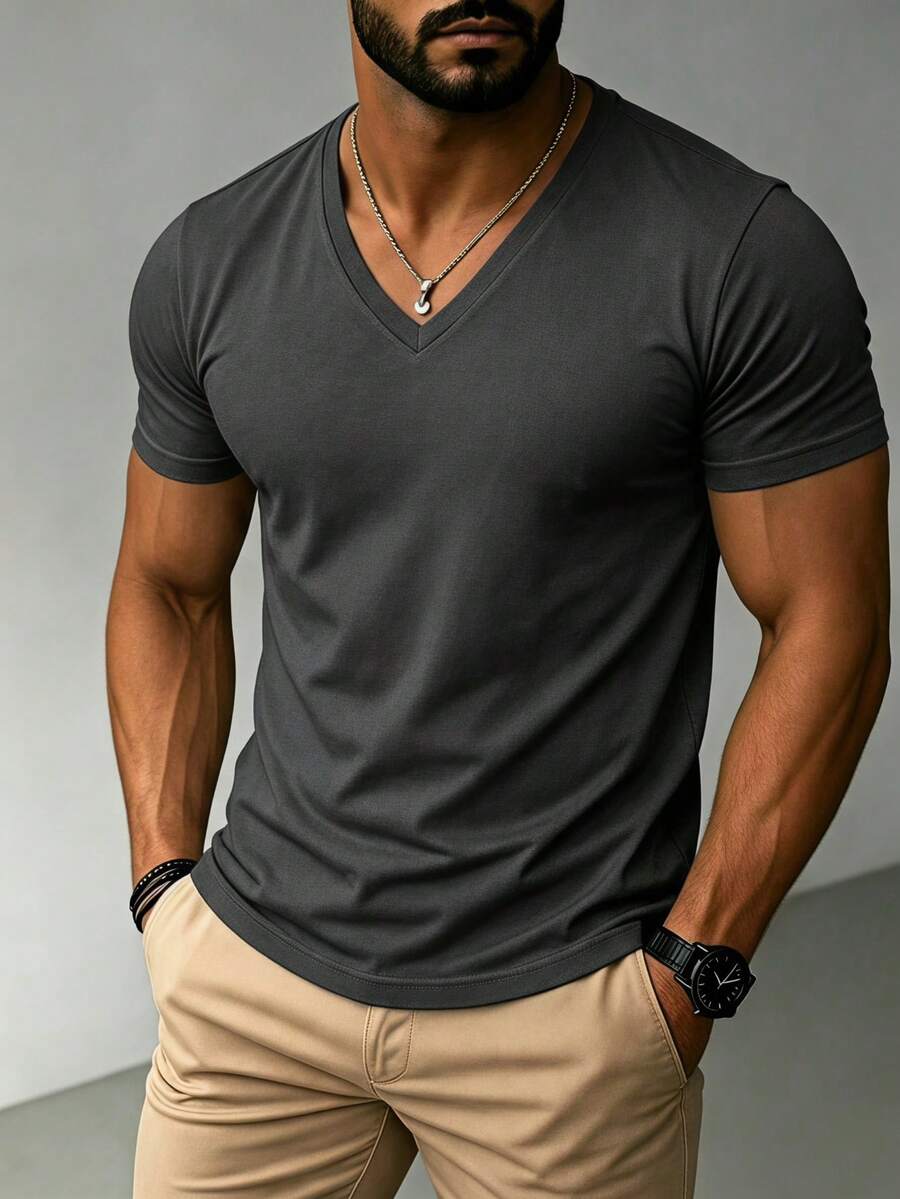 Kaos Pria Lengan Pendek Kasual Leher V Serbaguna untuk Musim Panas - Dark Grey - View 1