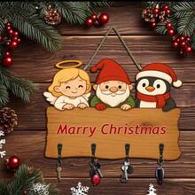 2D Flat Wooden Key Rack With 4 Metal Hooks, Christmas Wall Decor, Porch, Room And Villa Decoration, All Season Home Decor - Multicolor - View 3