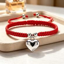 1Pc Multicolor Handmade Braided String Bracelet Silver Big Heart Pendant Rope Bangle For Women Couple Cute Casual Jewelry Gift - Large Silver Heart - View 9