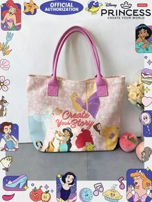 Miniso Tas Tote Kanvas Disney Princess, Motif Bunga Pink dengan Berbagai Putri, Tas Bahu dengan Pegangan, Cocok untuk Penggunaan Sehari-hari - Berwarna merah muda - View 7
